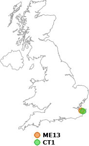 map showing distance between ME13 and CT1