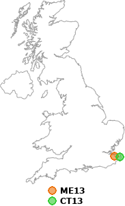 map showing distance between ME13 and CT13