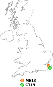 map showing distance between ME13 and CT19