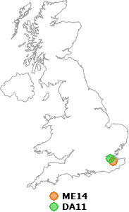 map showing distance between ME14 and DA11