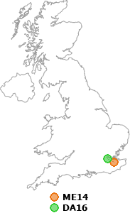 map showing distance between ME14 and DA16