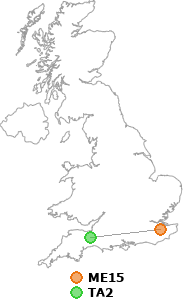 map showing distance between ME15 and TA2