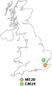 map showing distance between ME20 and CM24
