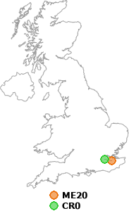map showing distance between ME20 and CR0
