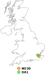 map showing distance between ME20 and DA1