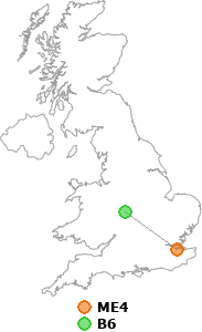map showing distance between ME4 and B6