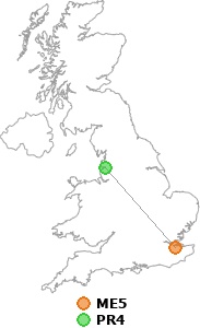map showing distance between ME5 and PR4