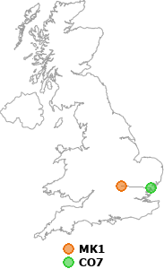 map showing distance between MK1 and CO7