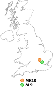 map showing distance between MK10 and AL9