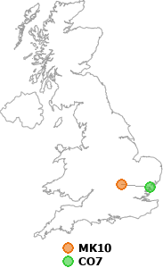 map showing distance between MK10 and CO7