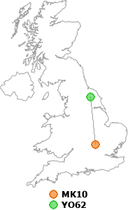 map showing distance between MK10 and YO62