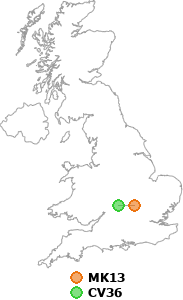 map showing distance between MK13 and CV36
