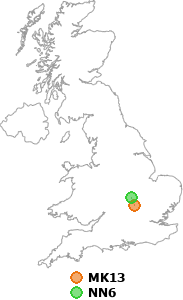 map showing distance between MK13 and NN6