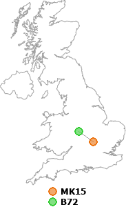 map showing distance between MK15 and B72