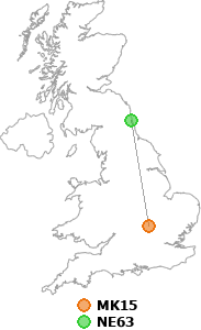 map showing distance between MK15 and NE63