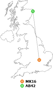 map showing distance between MK16 and AB42
