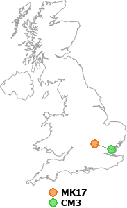 map showing distance between MK17 and CM3