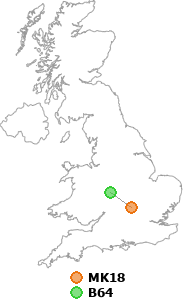 map showing distance between MK18 and B64