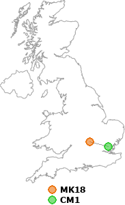 map showing distance between MK18 and CM1