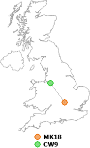 map showing distance between MK18 and CW9
