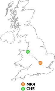 map showing distance between MK4 and CH5