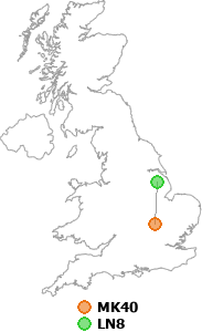 map showing distance between MK40 and LN8