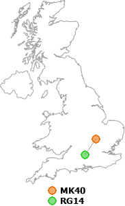 map showing distance between MK40 and RG14