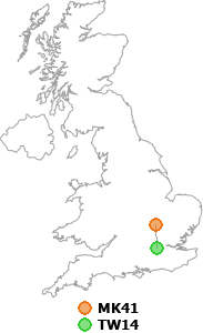 map showing distance between MK41 and TW14