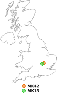 map showing distance between MK42 and MK15