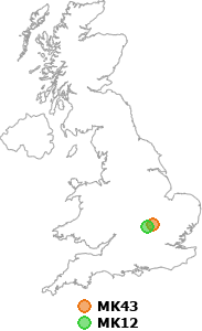 map showing distance between MK43 and MK12