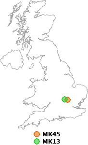 map showing distance between MK45 and MK13