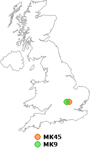 map showing distance between MK45 and MK9