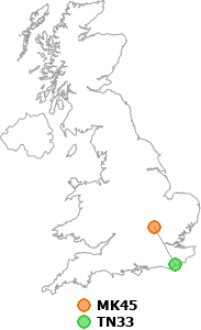 map showing distance between MK45 and TN33