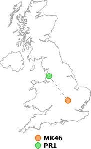 map showing distance between MK46 and PR1