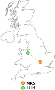 map showing distance between MK5 and LL14