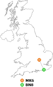 map showing distance between MK6 and BN8