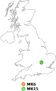 map showing distance between MK6 and MK15
