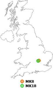 map showing distance between MK8 and MK18