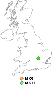 map showing distance between MK9 and MK14