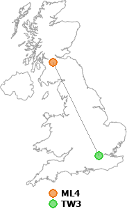 map showing distance between ML4 and TW3