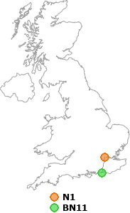 map showing distance between N1 and BN11
