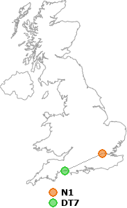 map showing distance between N1 and DT7