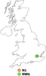 map showing distance between N1 and NW6