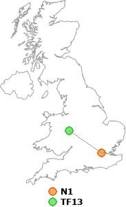 map showing distance between N1 and TF13