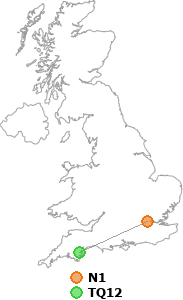 map showing distance between N1 and TQ12
