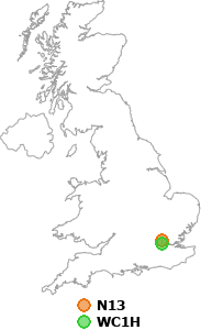 map showing distance between N13 and WC1H