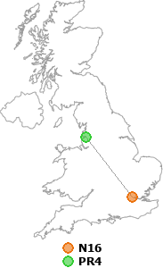 map showing distance between N16 and PR4