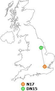 map showing distance between N17 and DN15