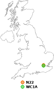 map showing distance between N22 and WC1A