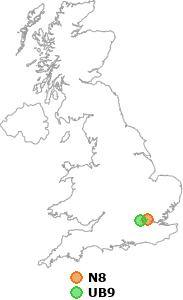 map showing distance between N8 and UB9